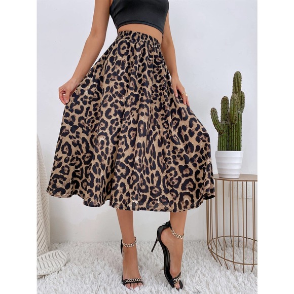 Leopard Print High Waist midi Skirt Minimalist Business Casual - Picture 6 of 7
